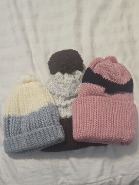 Kids Pom Pom Crochet Beanie Hat - Pink, Cream, Gray, Brown